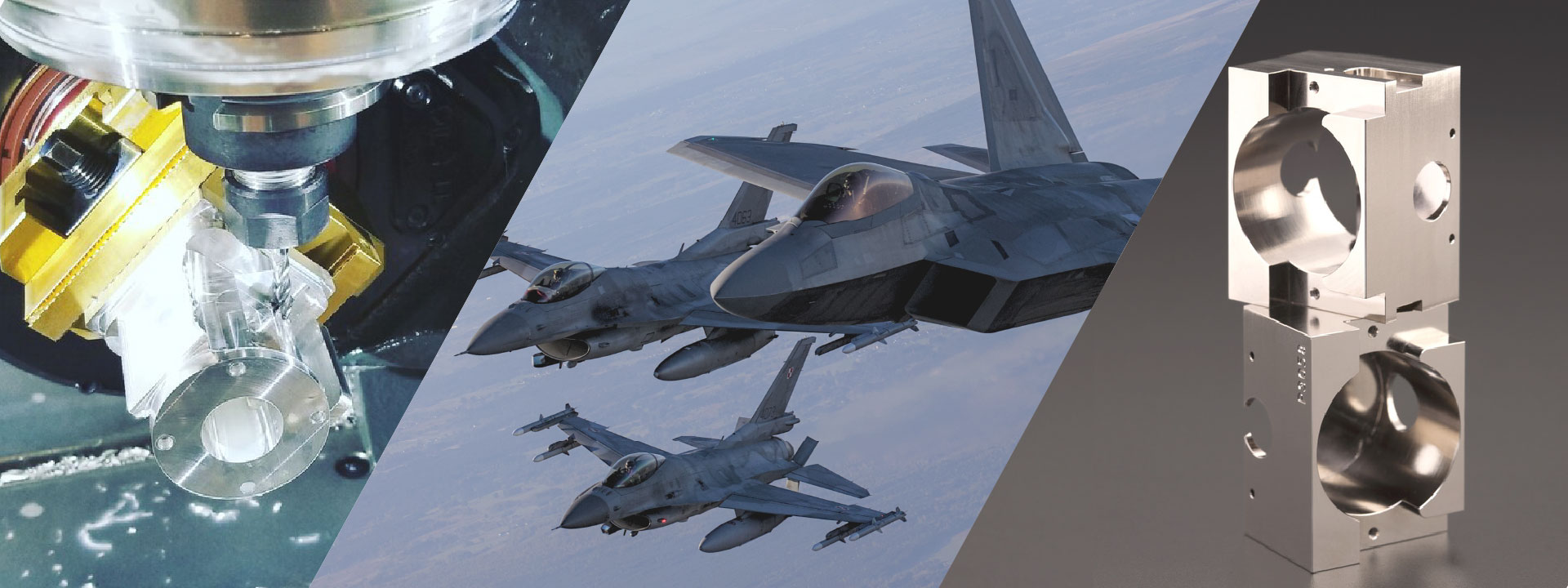 Imagen de banner dividido que muestra, a la izquierda, una máquina CNC fresando una pieza metálica; al centro, una formación de aviones de combate militares en vuelo; y a la derecha, componentes metálicos mecanizados con precisión, ilustrando la experiencia de Integrated Defense Products en el sector aeroespacial y en la manufactura de precisión.